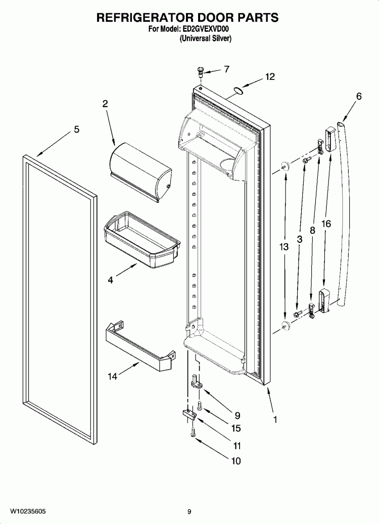 REFRIGERATOR DOOR PARTS Diagram and Parts List for ED2GVEXVD00  Whirlpool Refrigerator
