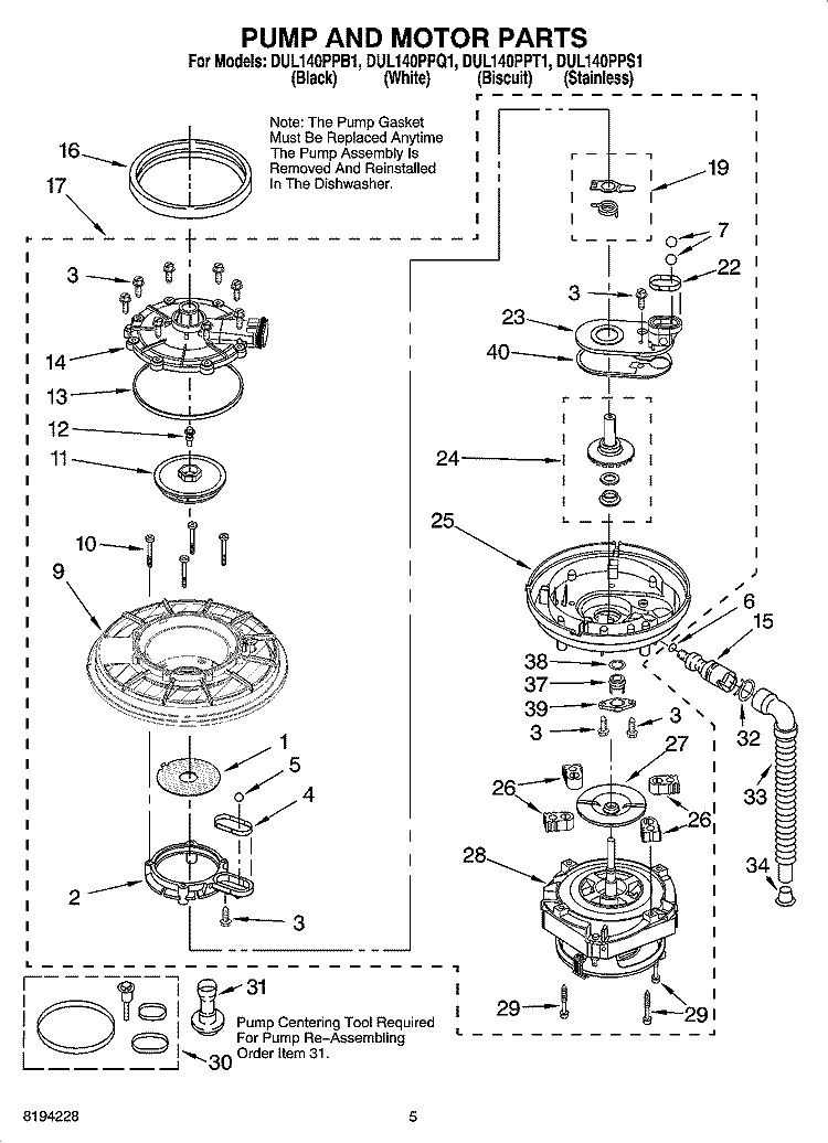 PUMP AND MOTOR PARTS Diagram and Parts List for DUL140PPQ1  Whirlpool Dishwasher