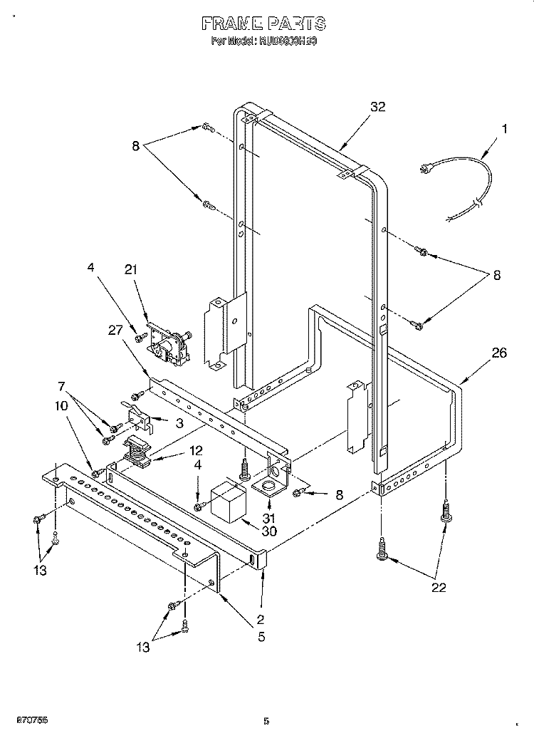 FRAME Diagram and Parts List for RUD0800HB0  Roper Dishwasher