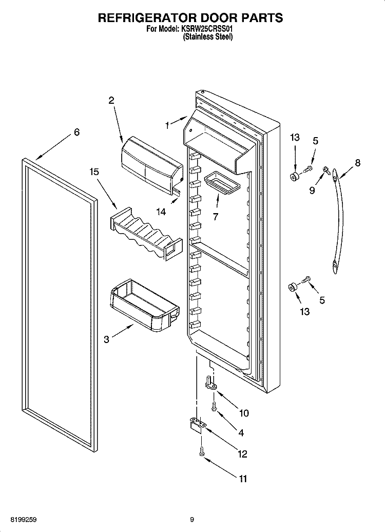 REFRIGERATOR DOOR PARTS Diagram and Parts List for KSRW25CRSS01  KitchenAid Refrigerator