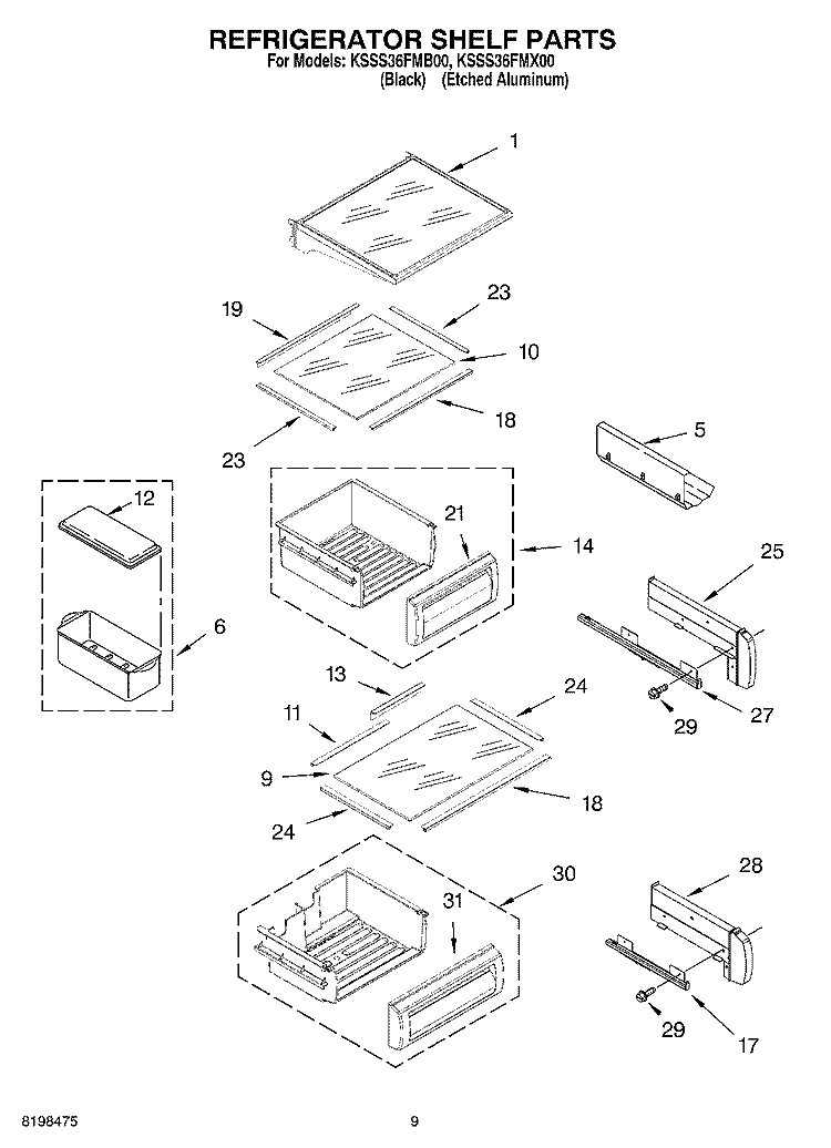 REFRIGERATOR SHELF PARTS Diagram and Parts List for KSSS36FMX00  KitchenAid Refrigerator