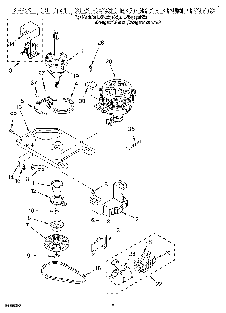BRAKE, CLUTCH, GEARCASE, MOTOR AND PUMP Diagram and Parts List for LCR5232DQ2  Whirlpool Washer