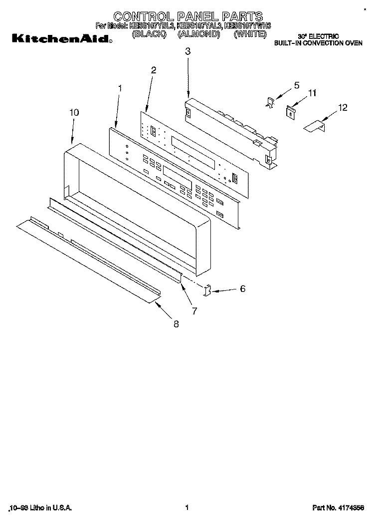 CONTROL PANEL Diagram and Parts List for KEBS107YBL3  KitchenAid Wall Oven