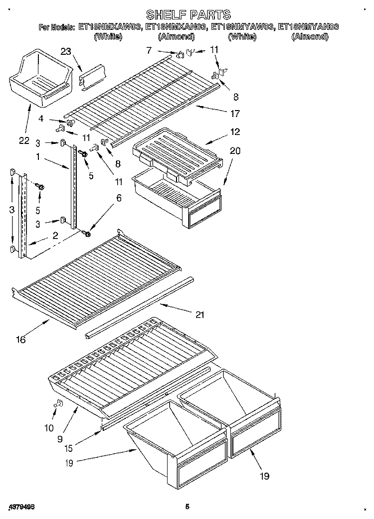 SHELF Diagram and Parts List for ET18NMYAN03  Whirlpool Refrigerator