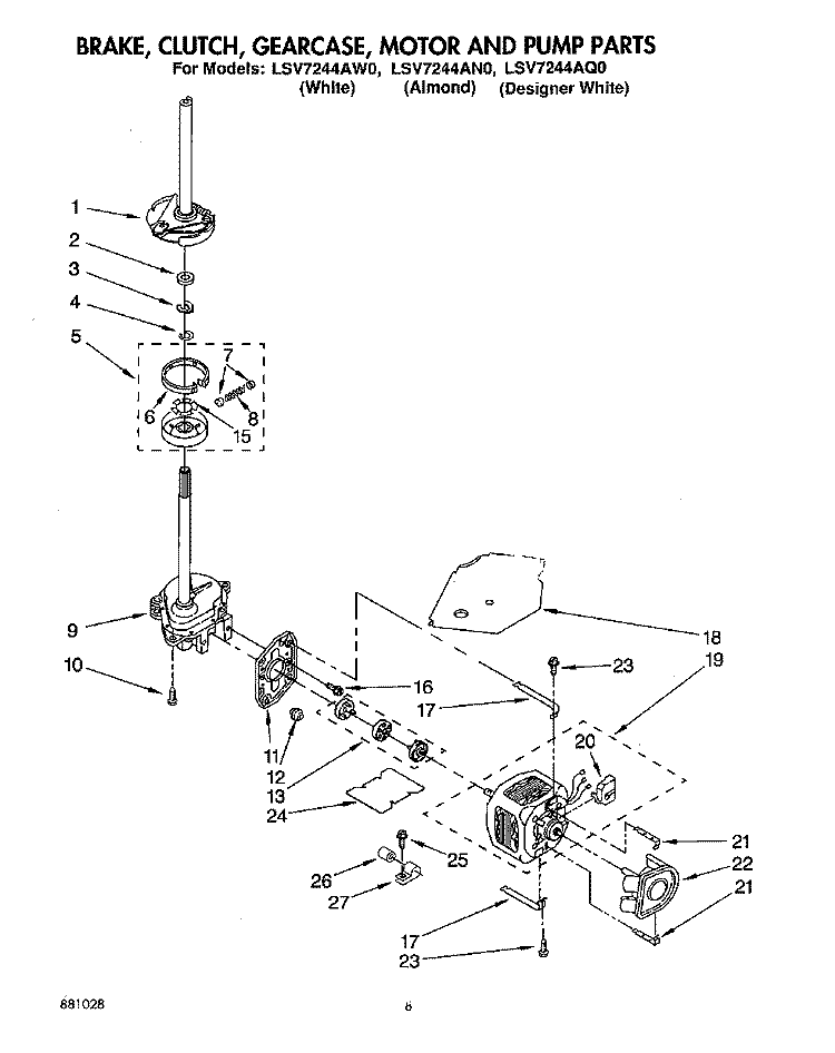 BRAKE, CLUTCH, GEARCASE, MOTOR AND PUMP Diagram and Parts List for LSV7244AN0  Whirlpool Washer