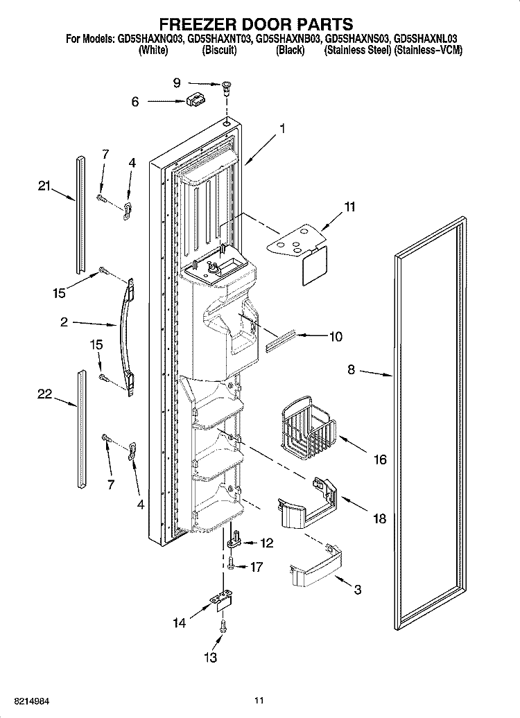 FREEZER DOOR PARTS Diagram and Parts List for GD5SHAXNS03  Whirlpool Refrigerator