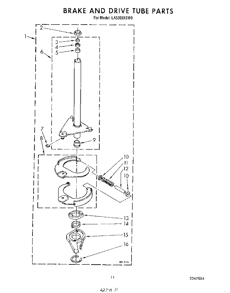 BRAKE AND DRIVE TUBE Diagram and Parts List for LA5300XSW0  Whirlpool Washer