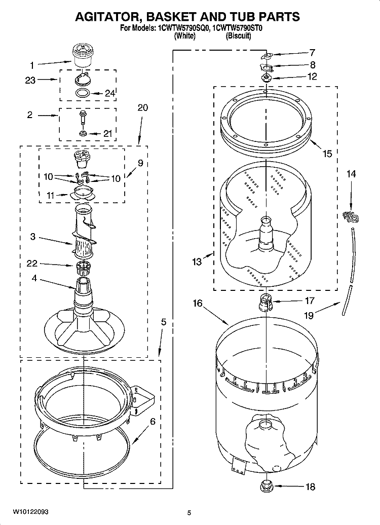 AGITATOR, BASKET AND TUB PARTS Diagram and Parts List for 1CWTW5790SQ0  Whirlpool Washer