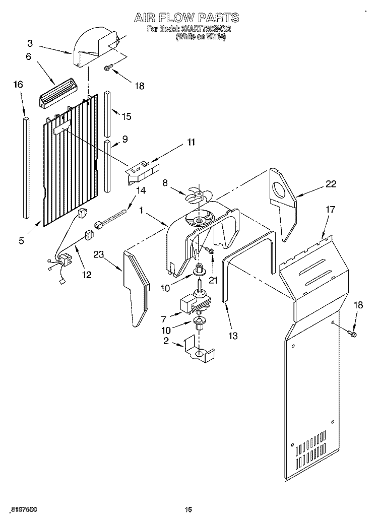 AIR FLOW Diagram and Parts List for 3XART730GW02  Whirlpool Refrigerator