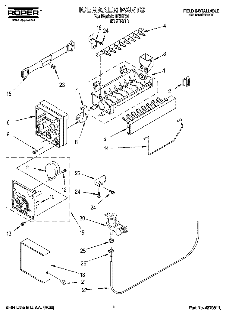 ICEMAKER Diagram and Parts List for IMKIT94  Roper Ice Maker