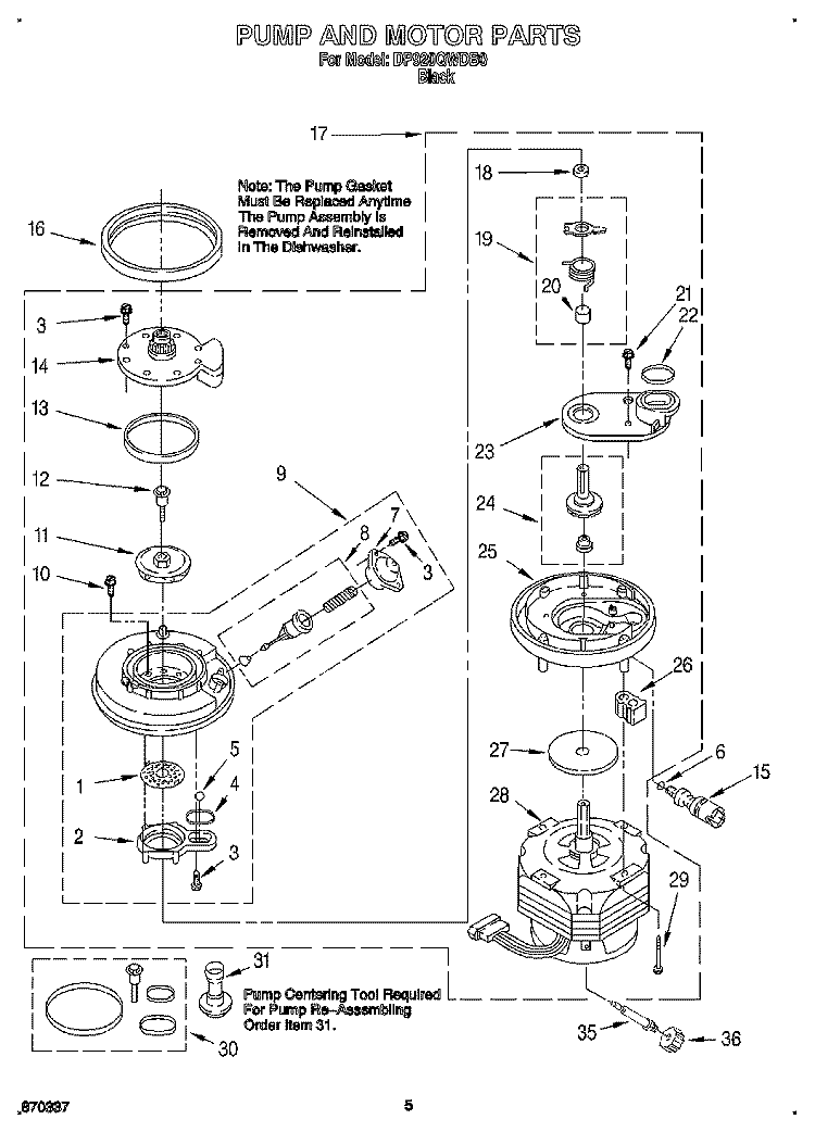 PUMP AND MOTOR Diagram and Parts List for DP920QWDB0  Whirlpool Dishwasher