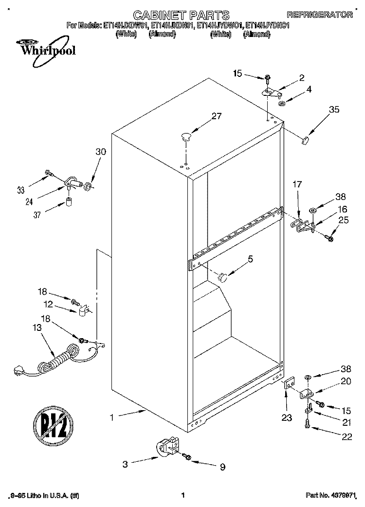 CABINET Diagram and Parts List for ET14HJXDW01  Whirlpool Refrigerator