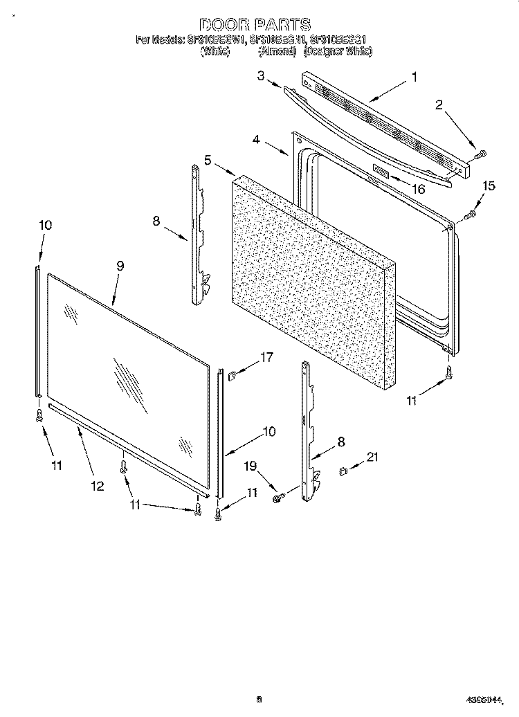 DOOR, LIT/OPTIONAL Diagram and Parts List for SF310BEGN1  Whirlpool Range