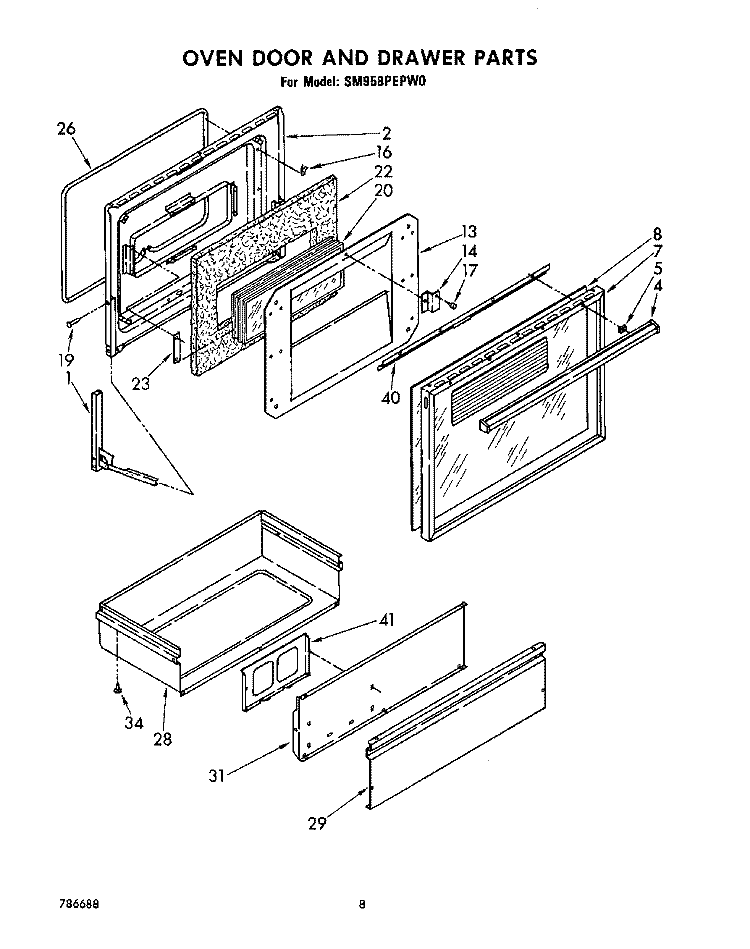 OVEN DOOR AND DRAWER Diagram and Parts List for SM958PEPW0  Whirlpool Range