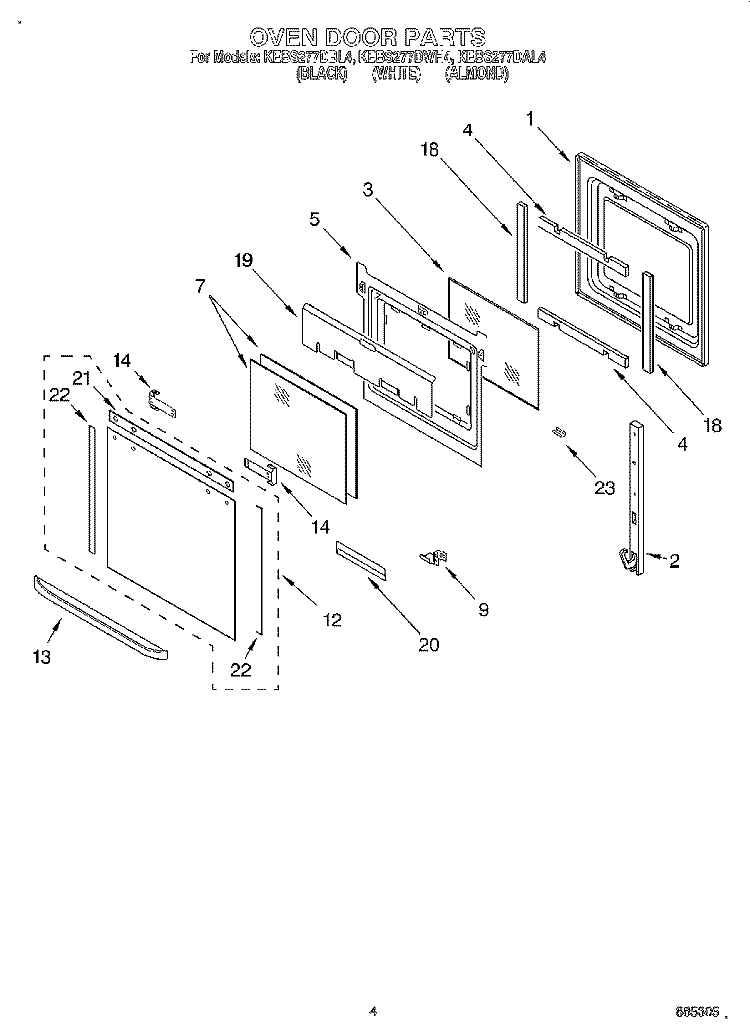 OVEN DOOR Diagram and Parts List for KEBS277DAL4  KitchenAid Wall Oven
