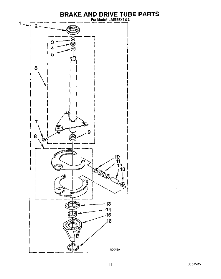 BRAKE AND DRIVE TUBE Diagram and Parts List for LA5558XTN2  Whirlpool Washer