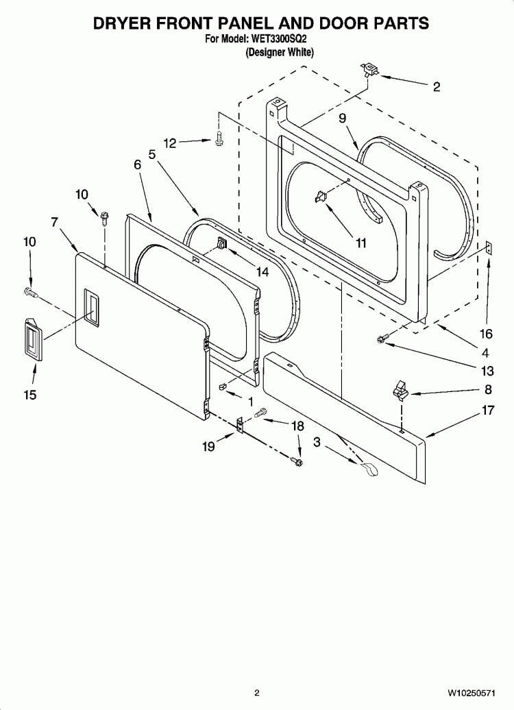 DRYER FRONT PANEL AND DOOR PARTS Diagram and Parts List for WET3300SQ2  Whirlpool Washer Dryer Combo