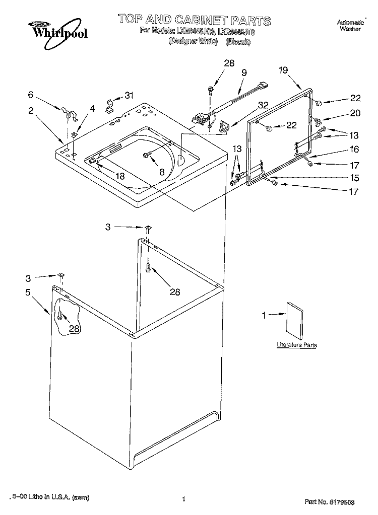 TOP AND CABINET, LITERATURE Diagram and Parts List for LXR9445JT0  Whirlpool Washer