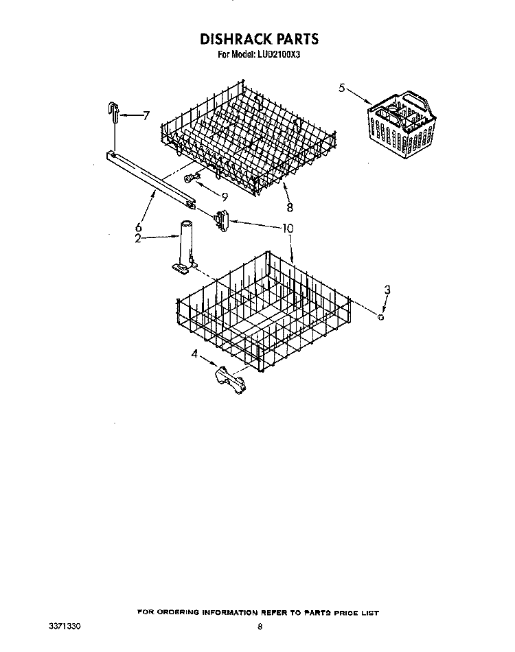 DISHRACK Diagram and Parts List for LUD2100X3  Whirlpool Dishwasher