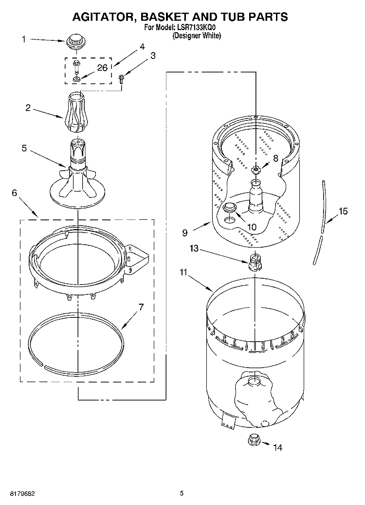 AGITATOR, BASKET AND TUB Diagram and Parts List for LSR7133KQ0  Whirlpool Washer