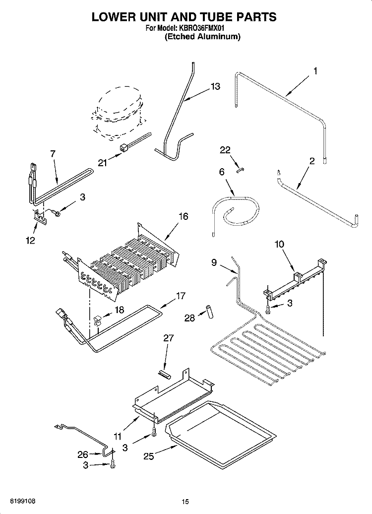 LOWER UNIT AND TUBE PARTS Diagram and Parts List for KBRO36FMX01  KitchenAid Refrigerator