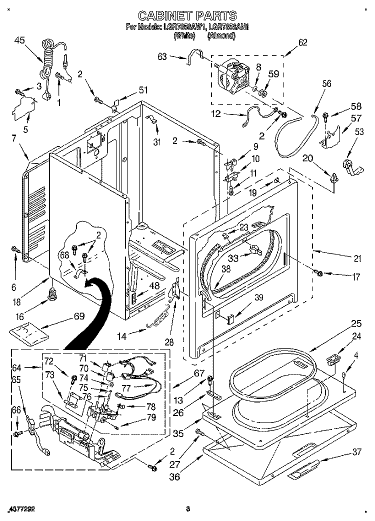 CABINET Diagram and Parts List for LGR7858AW1  Whirlpool Dryer