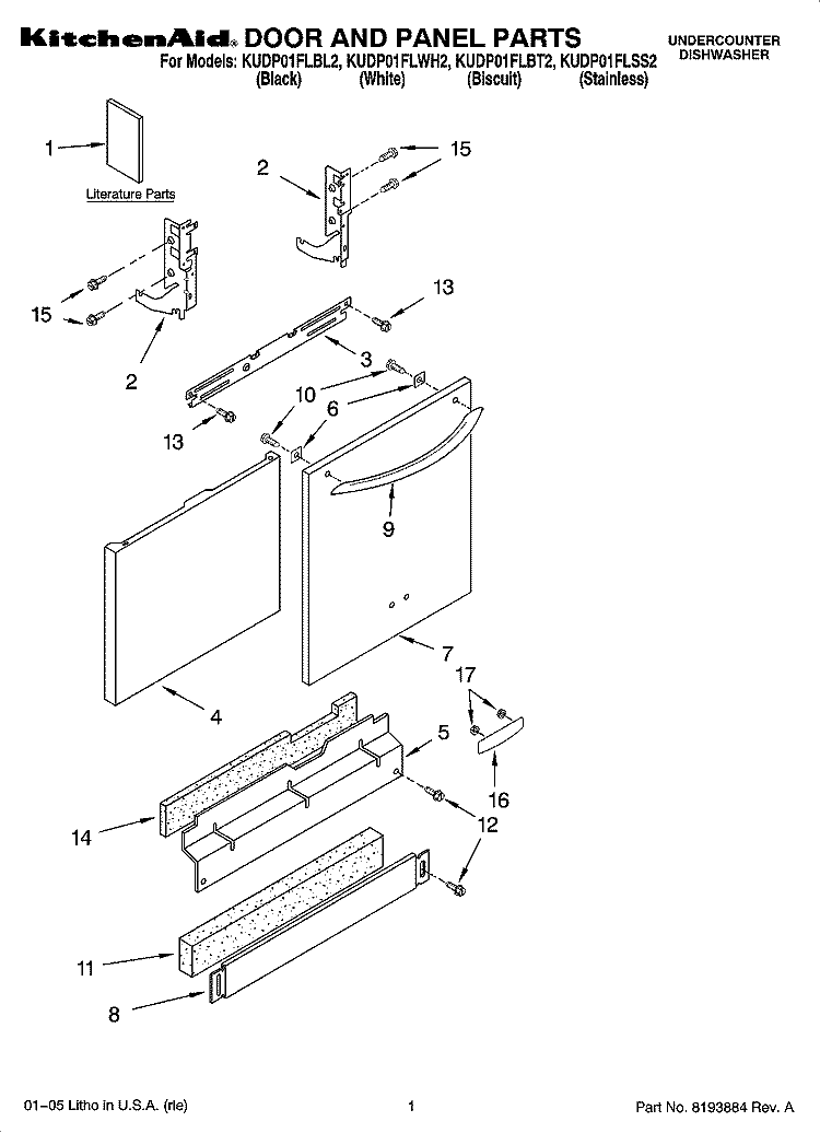 DOOR AND PANEL PARTS Diagram and Parts List for KUDP01FLBL2  KitchenAid Dishwasher