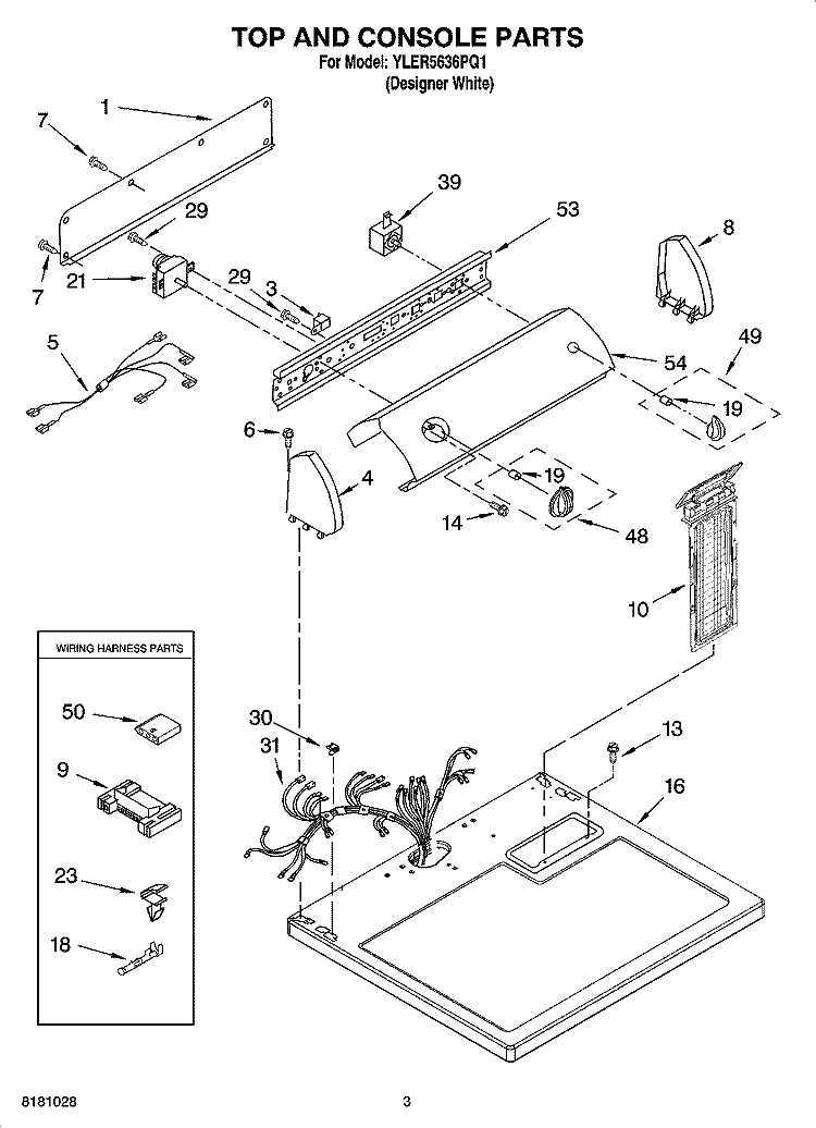 TOP AND CONSOLE PARTS Diagram and Parts List for YLER5636PQ1  Whirlpool Dryer