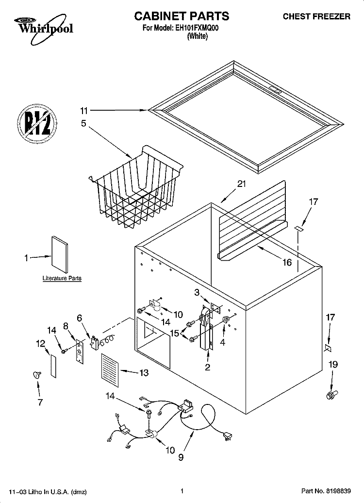 CABINET PARTS Diagram and Parts List for EH101FXMQ00  Whirlpool Freezer