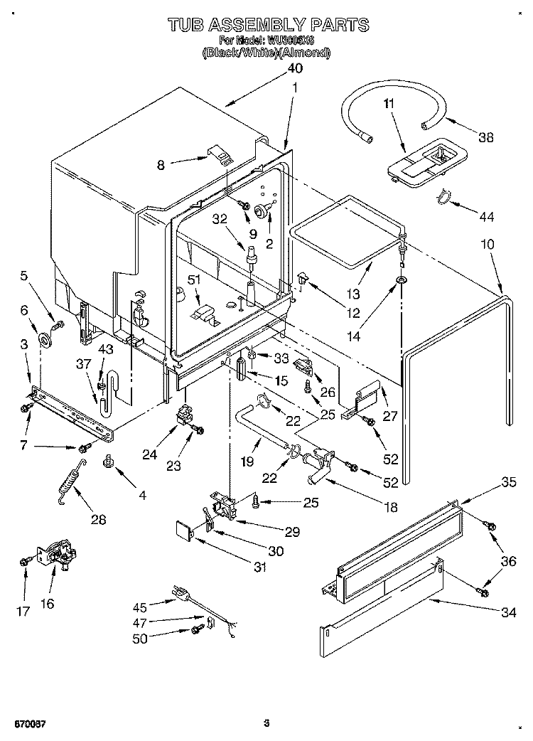 TUB ASSEMBLY Diagram and Parts List for WU3006X6  Roper Dishwasher