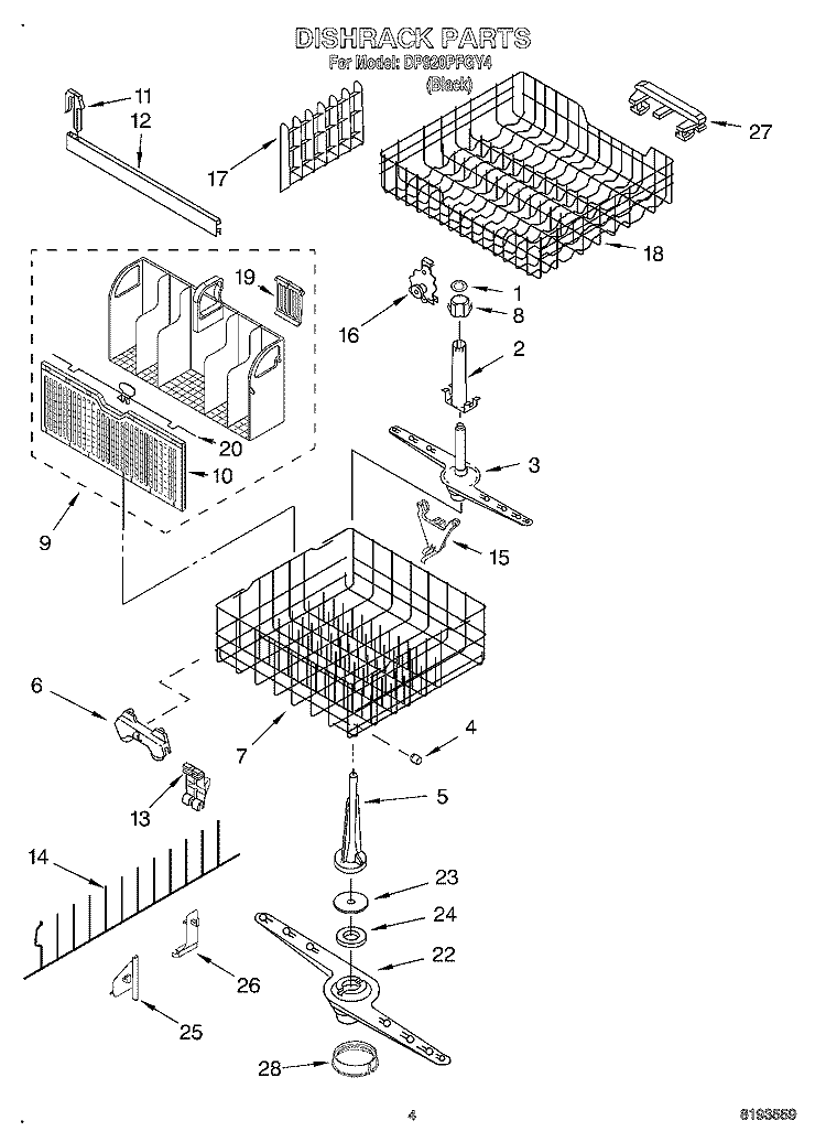 DISHRACK Diagram and Parts List for DP920PFGY4  Whirlpool Dishwasher