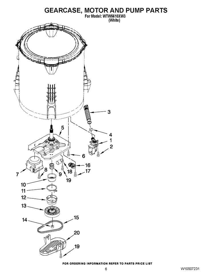 GEARCASE, MOTOR AND PUMP PARTS Diagram and Parts List for WTW5610XW3  Whirlpool Washer