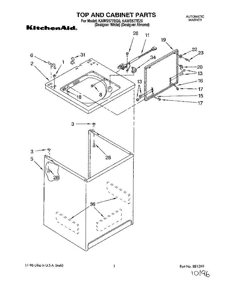 TOP AND CABINET Diagram and Parts List for KAWS577EZ0  KitchenAid Washer