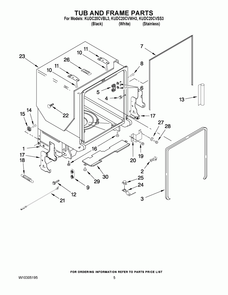 TUB AND FRAME PARTS Diagram and Parts List for KUDC20CVBL3  KitchenAid Dishwasher