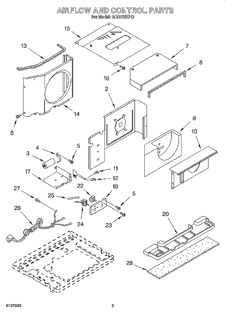 AIR FLOW AND CONTROL Diagram and Parts List for ACQ122XH0  Whirlpool Air Conditioner