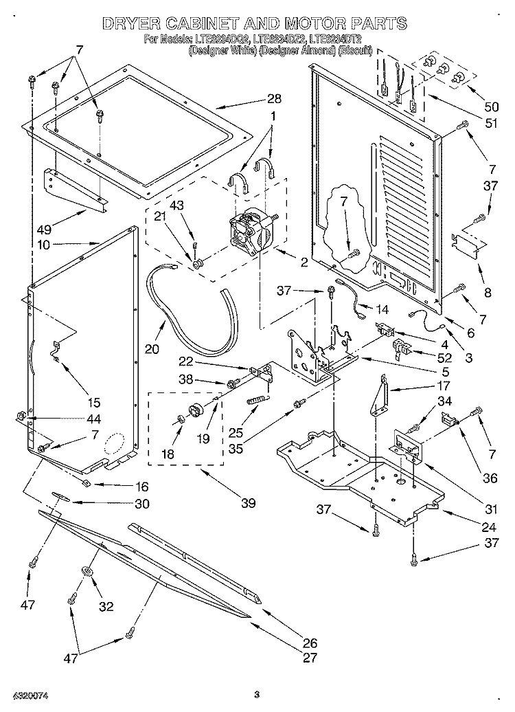DRYER CABINET AND MOTOR Diagram and Parts List for LTE6234DQ2  Whirlpool Washer Dryer Combo