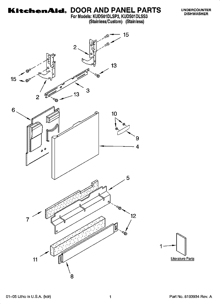 DOOR AND PANEL PARTS Diagram and Parts List for KUDS01DLSS3  KitchenAid Dishwasher