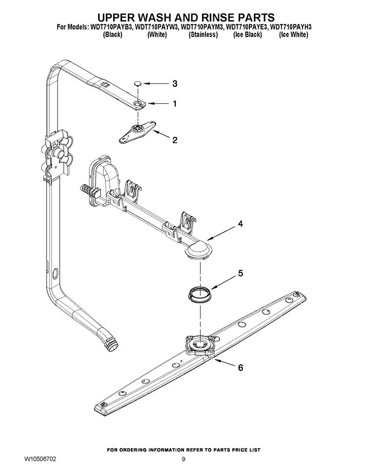 UPPER WASH AND RINSE PARTS Diagram and Parts List for WDT710PAYB3  Whirlpool Dishwasher