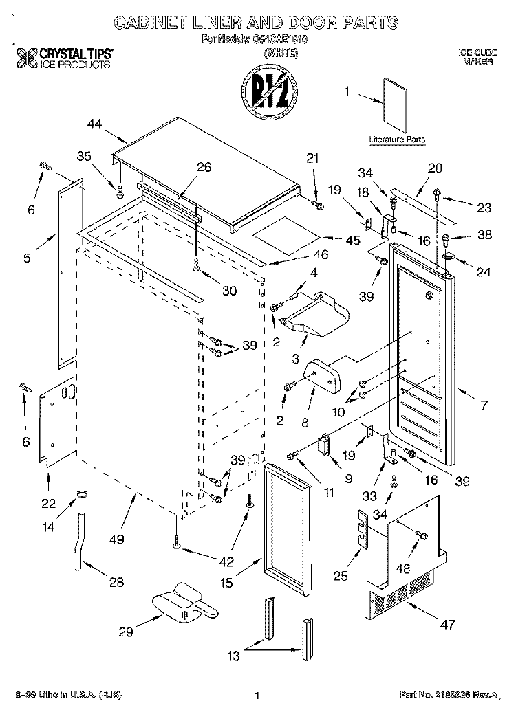 CABINET LINER AND DOOR, LIT/OPTIONAL Diagram and Parts List for O54CAE1610  Whirlpool Ice Maker