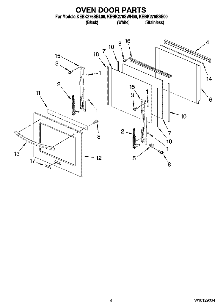 OVEN DOOR PARTS Diagram and Parts List for KEBK276SBL00  KitchenAid Wall Oven