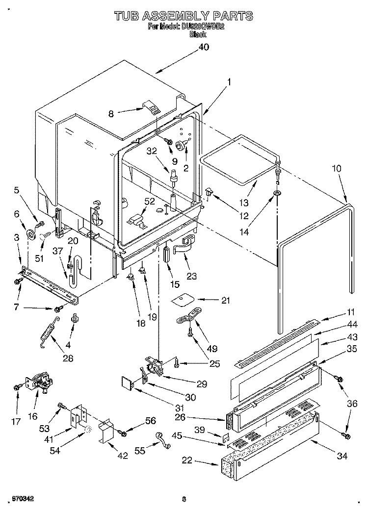 TUB ASSEMBLY Diagram and Parts List for DU920QWDB2  Whirlpool Dishwasher