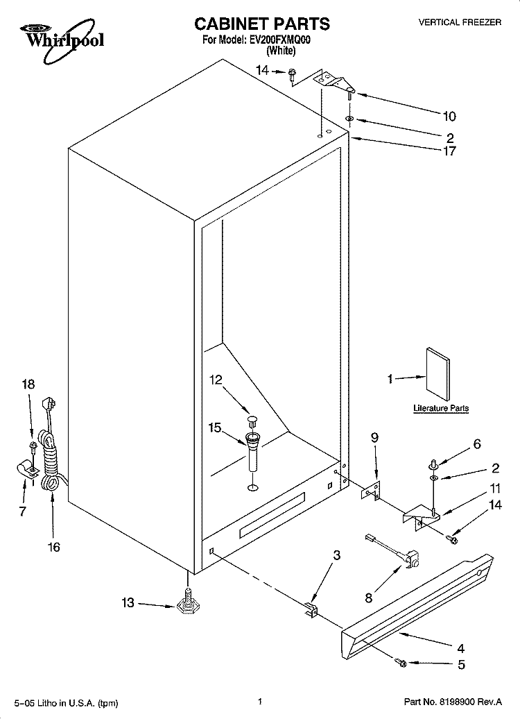 CABINET PARTS Diagram and Parts List for EV200FXMQ00  Whirlpool Freezer