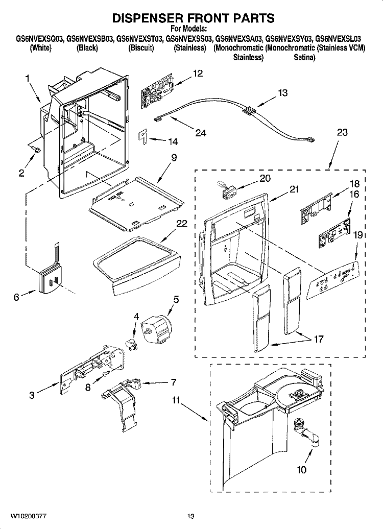DISPENSER FRONT PARTS Diagram and Parts List for GS6NVEXST03  Whirlpool Refrigerator