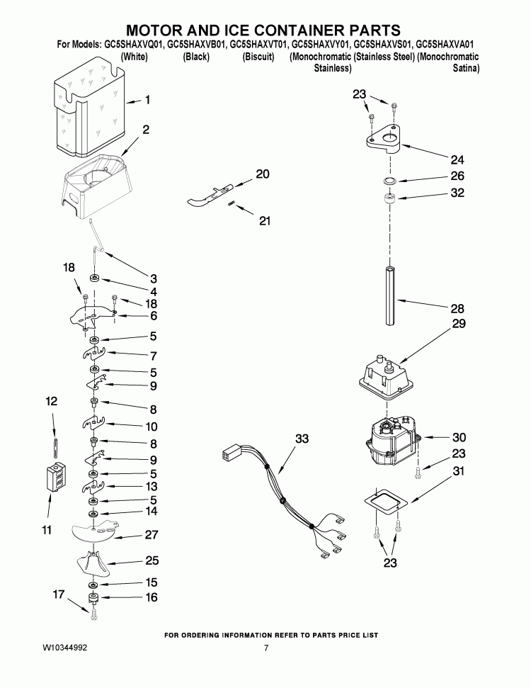 MOTOR AND ICE CONTAINER PARTS Diagram and Parts List for GC5SHAXVY01  Whirlpool Refrigerator