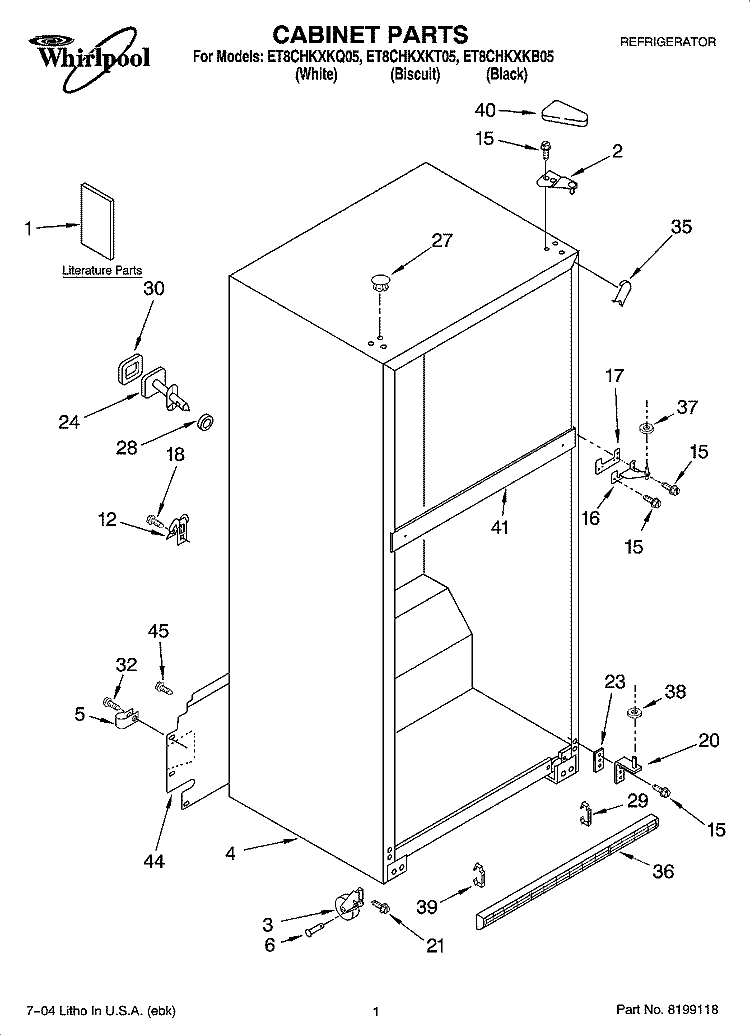CABINET PARTS Diagram and Parts List for ET8CHKXKQ05  Whirlpool Refrigerator