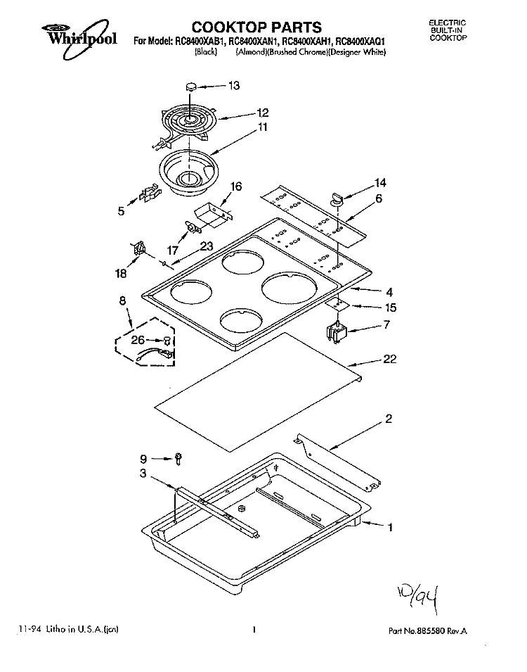 SECTION Diagram and Parts List for RC8400XAN1  Whirlpool Cooktop