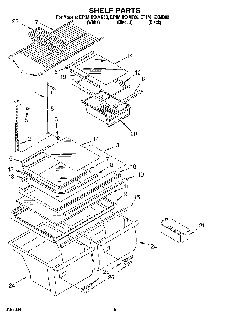 SHELF PARTS, OPTIONAL PARTS Diagram and Parts List for ET1MHKXMB00  Whirlpool Refrigerator