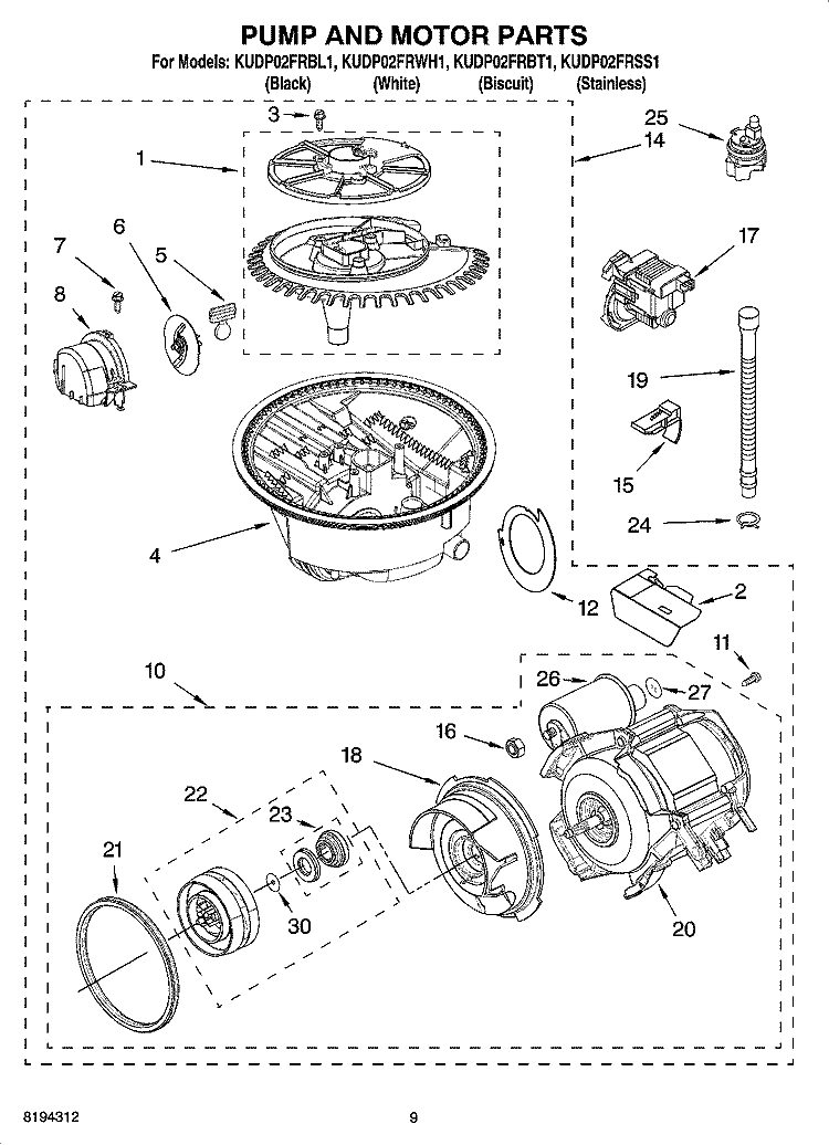 PUMP AND MOTOR PARTS Diagram and Parts List for KUDP02FRWH1  KitchenAid Dishwasher