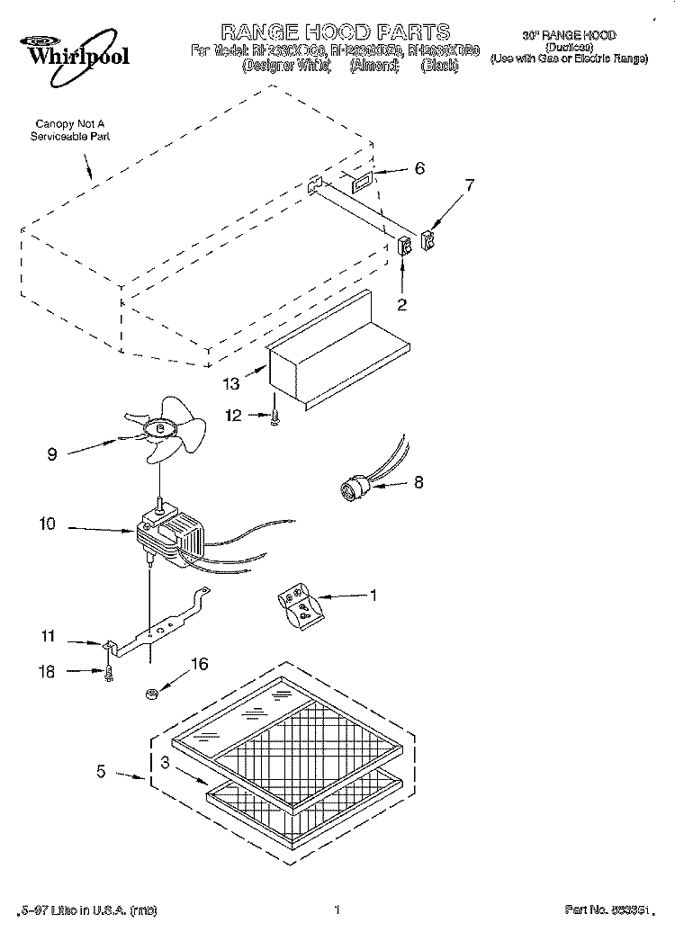 SECTION Diagram and Parts List for RH2630XDZ0  Whirlpool Range Hood