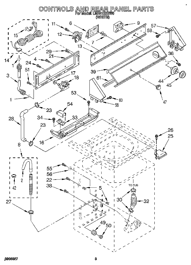 CONTROLS AND REAR PANEL Diagram and Parts List for LMR4132BW0  Whirlpool Washer